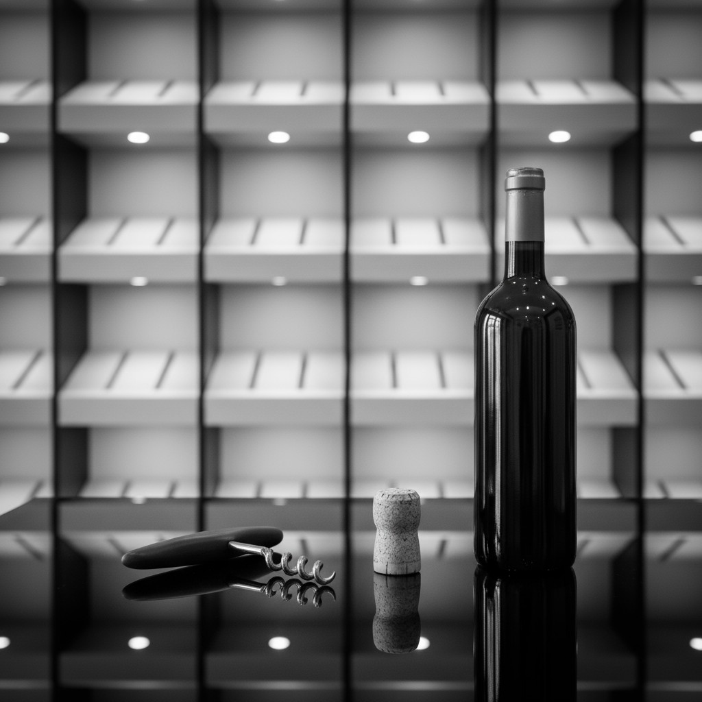 A composition featuring a bottle of red wine, cork and wine opener placed on a glass countertop in front of a wall of shel...